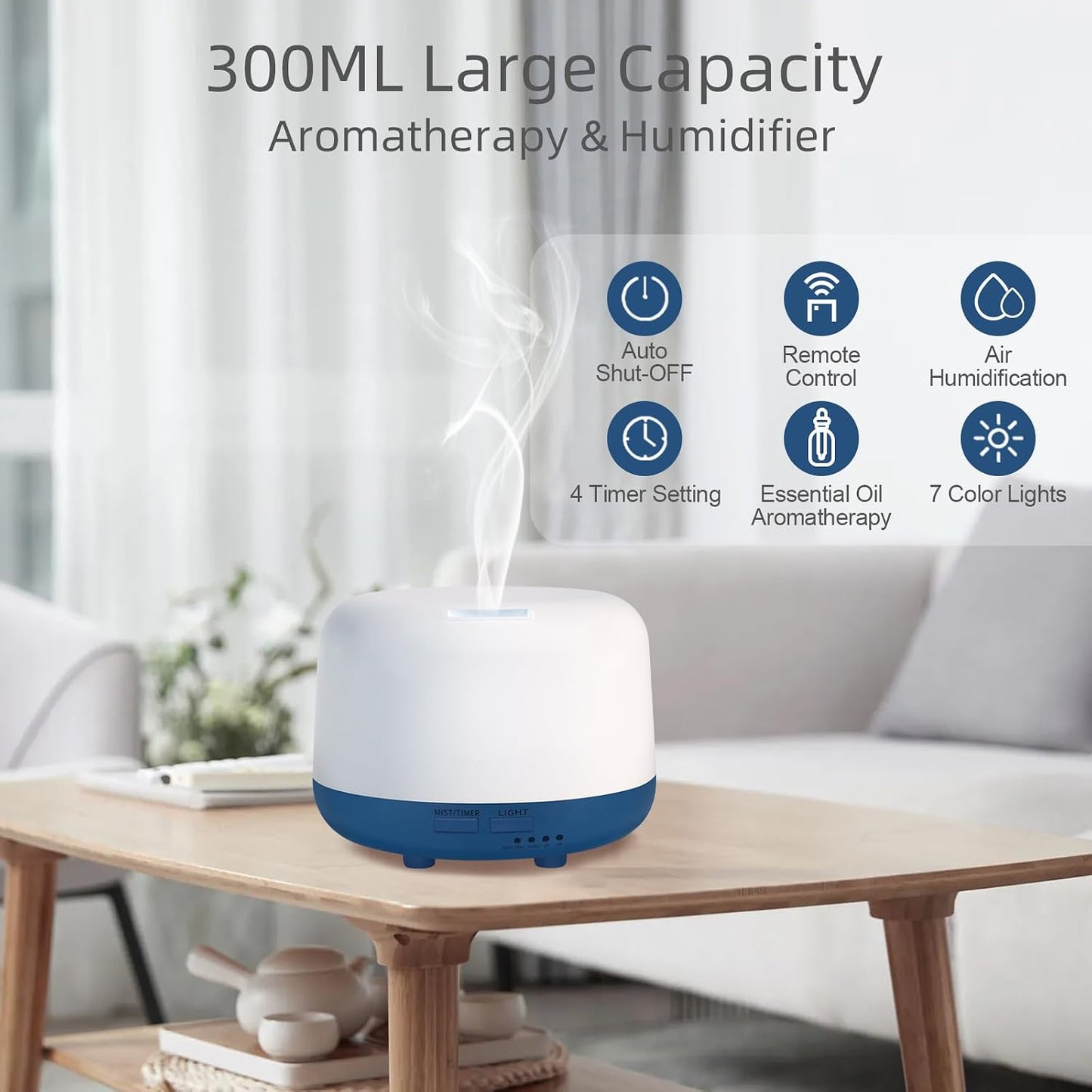 300ML Essential Oil Diffuser, Remote Control Ultrasonic Aromatherapy Oil Diffusers Cool Mist Humidifier, Waterless Auto-Off and 7 LED Light Colors for Bedroom, Yoga, SPA, Baby