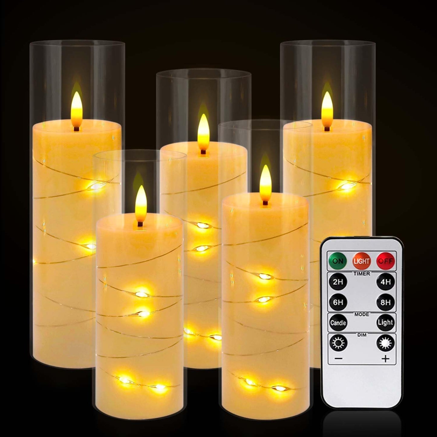 24 Pcs LED Flameless Candles with Remote, 3D Flickering Flame & LED String Lights, Acrylic Clear Cylinder, Timer Function, Romantic Ambience for Home Decor, Party, Wedding (Ivory).
