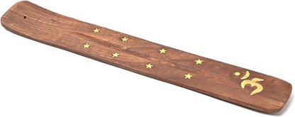 Wooden Incense Holder for Sticks with Inlays of Brass Crescent Moon 10 inches Long