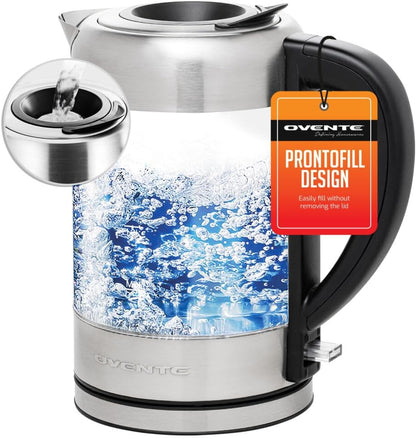 OVENTE Electric Kettle, 1.8L Glass Tea Kettle & Stainless Steel BPA-Free Cordless Electric Kettle, 1500W Fast Boil Electric Pot with Easy-Fill Lid, Auto Shut-Off & Boil Dry Protection, Silver KG751S