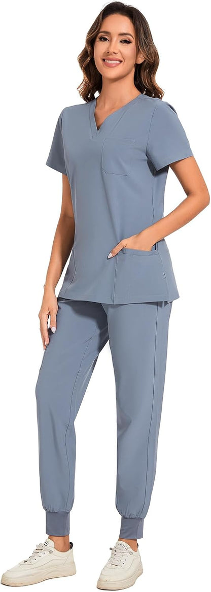 COZYFIT Scrubs for Women Set - Stretch V-Neck Scrub Top & Jogger Pant with 8 Pockets COZY SCRUBS - Colors E
