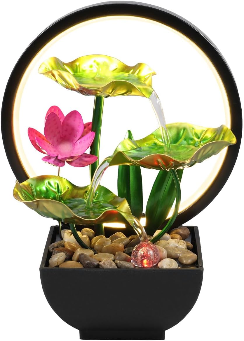 Tabletop Fountain 3-Tiers Leaf,11" Small Waterfall Fountains Indoor Water Fountain with Rocks and Ring Lights,Desktop Fountains for Meditation Relaxation for Bedroom Living Room Office