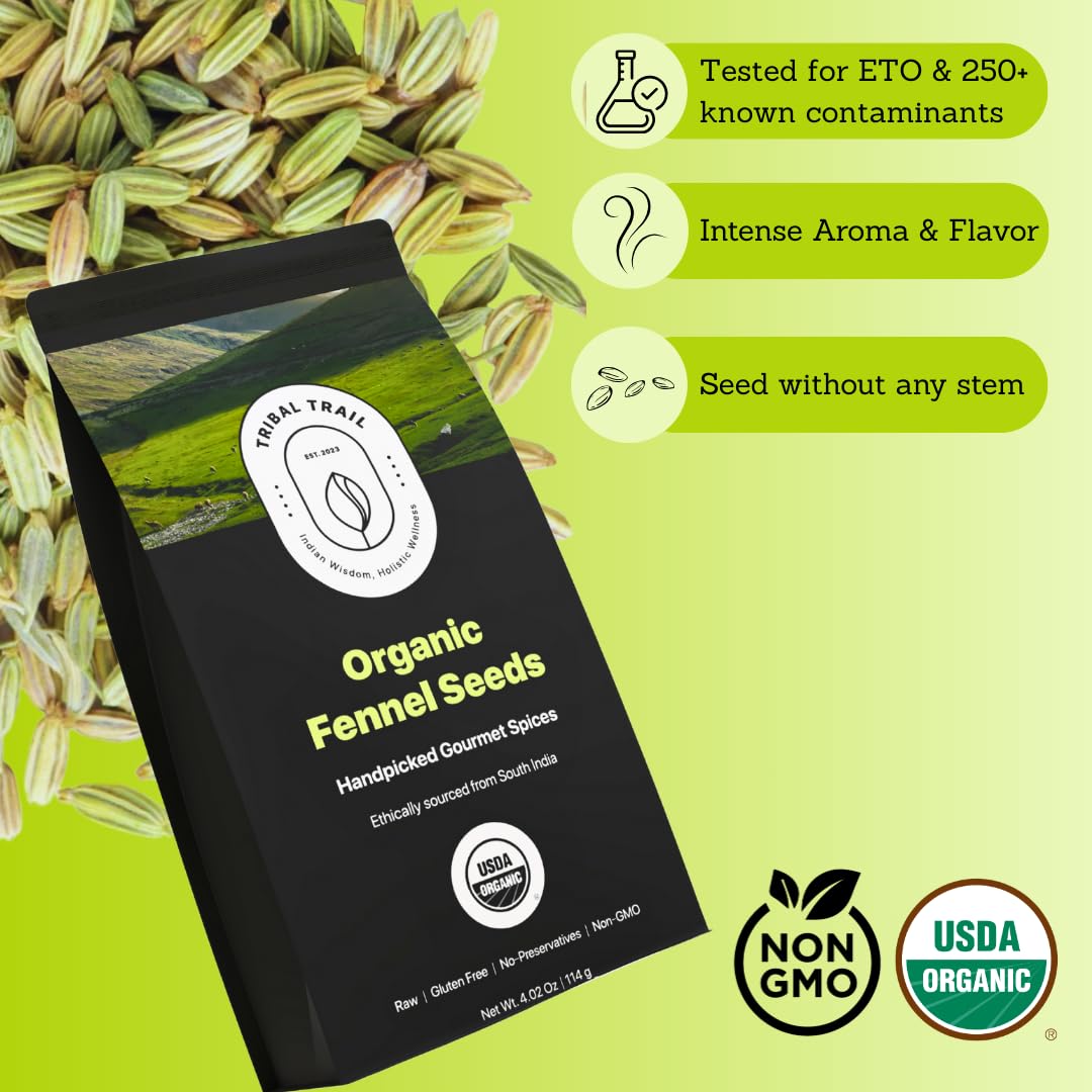 Tribal Trail Fennel Seeds Organic | 4.02 oz | USDA Organic & Non-GMO | Recyclable Kraft Bags | Best for Tea, Smoothies & Cooking | Ethically Sourced Spices from South India