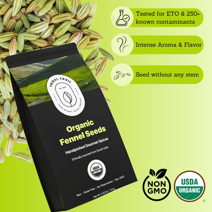 Tribal Trail Fennel Seeds Organic | 4.02 oz | USDA Organic & Non-GMO | Recyclable Kraft Bags | Best for Tea, Smoothies & Cooking | Ethically Sourced Spices from South India