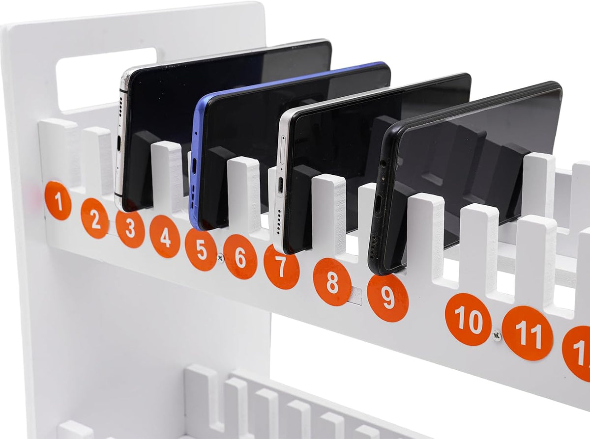 Cell Phone Holder,2-Tier Multiple Cell Phone Stand Rack,Mobile Phone Holder with 1-30 Number Stickers PVC Board Mobile for Classroom Office (30 Slots)