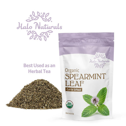 Halo Naturals Organic Spearmint Leaf Cut & Sifted, 4 Ounces (Mentha spicata) USDA Certified | Resealable Pouch| Packaged in The USA