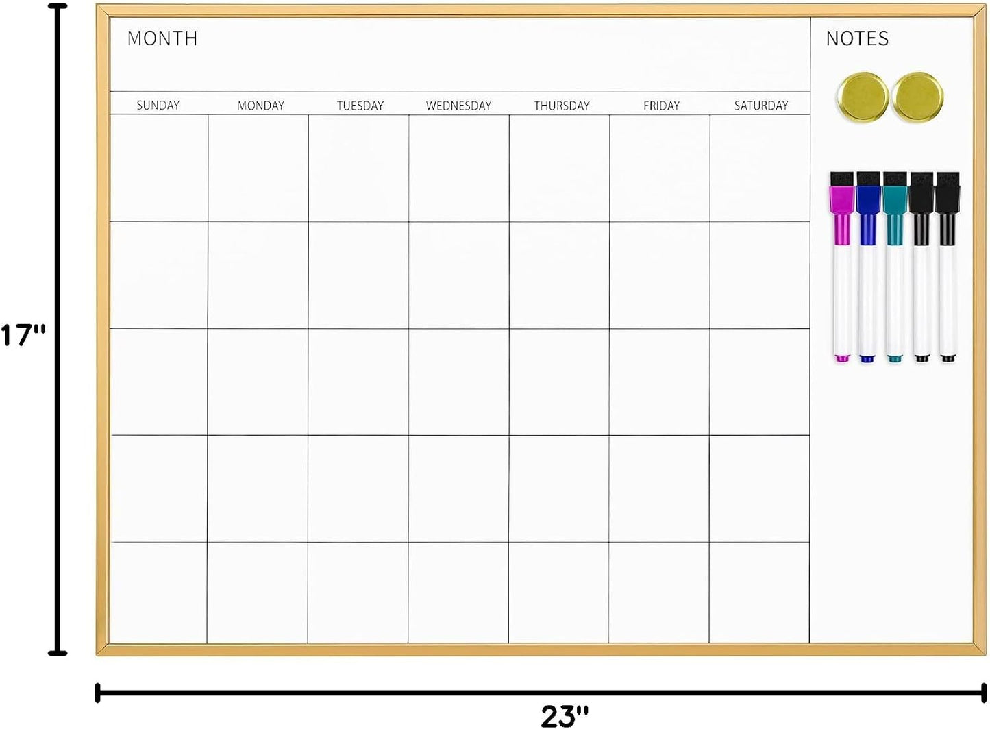 Magnetic Monthly Calendar Whiteboard, 17'' x 13'' Dry Erase Calendar for Wall Office School Home, Gold Wooden Frame