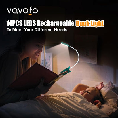 VAVOFO Rechargeable Book Light, 14 LEDs Eye Care Clip On Amber Reading Light for Bookworms Reading in Bed with 9 Colors 9 Brightness (White-Blue)