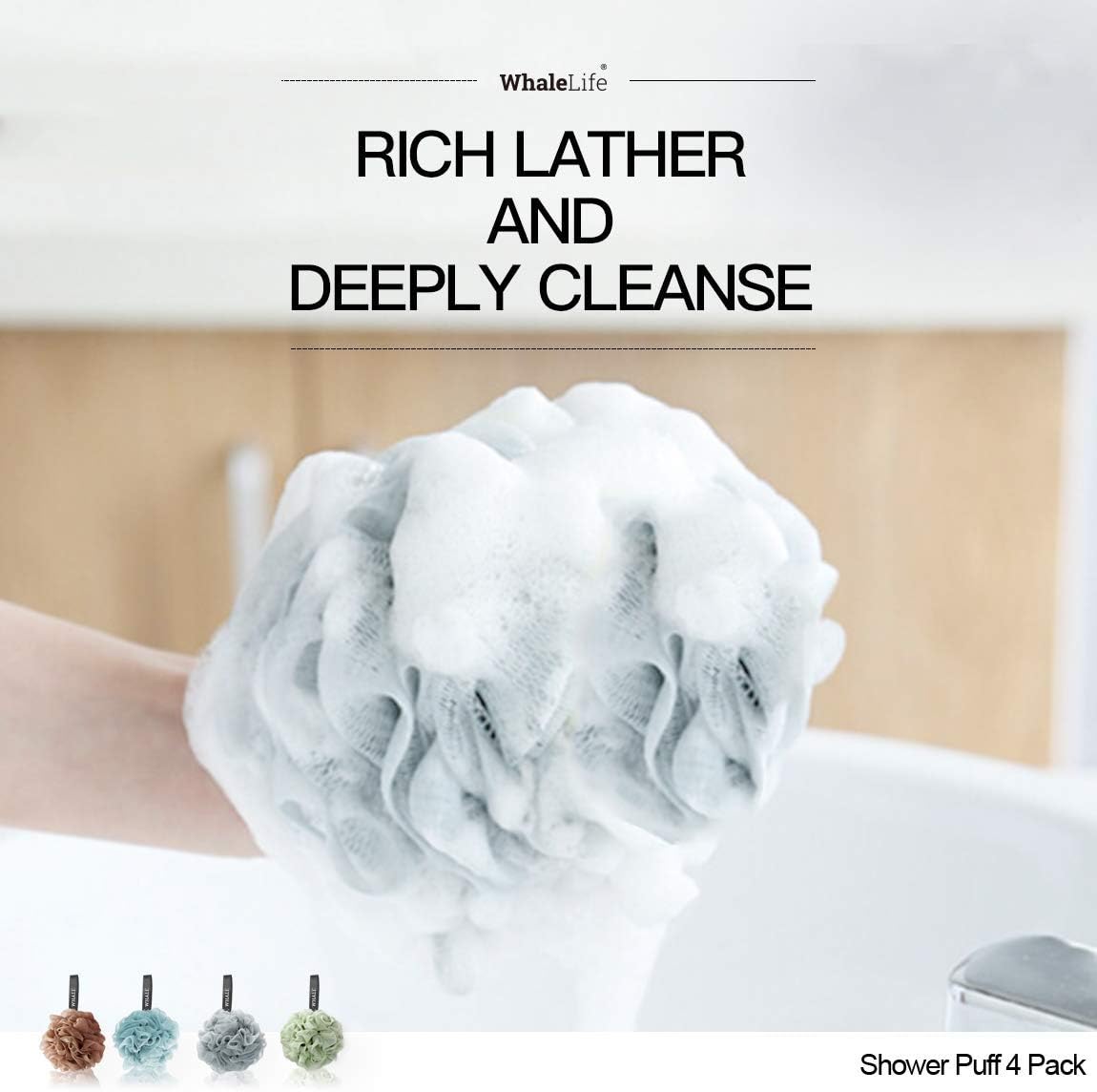 WhaleLife Loofah Bath Sponges - Black Gentle Exfoliating Shower Loofah for Rich Lather, Durable Mesh Body Scrubber for Men & Women 4 Pack