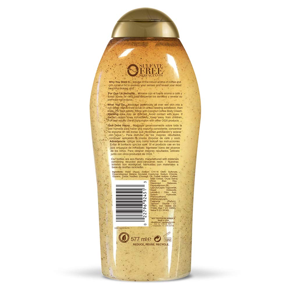 OGX Smoothing + Coconut Coffee Exfoliating Daily Body Scrub with Arabica Coffee & Coconut Oil, Hydrating & Moisturizing Body Wash for Dry Skin, Paraben-Free with Sulfate-Free Surfactants, 19.5 Fl Oz