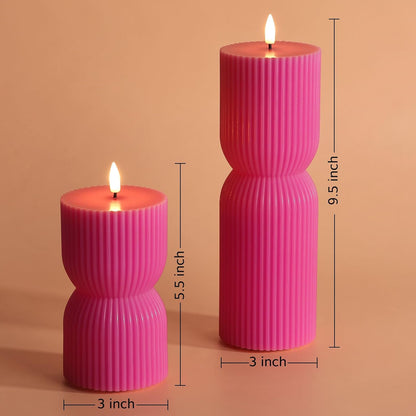 White Ribbed Flameless Pillar Candles with Remote, Real Wax Flickering Battery LED Candles Set of 2