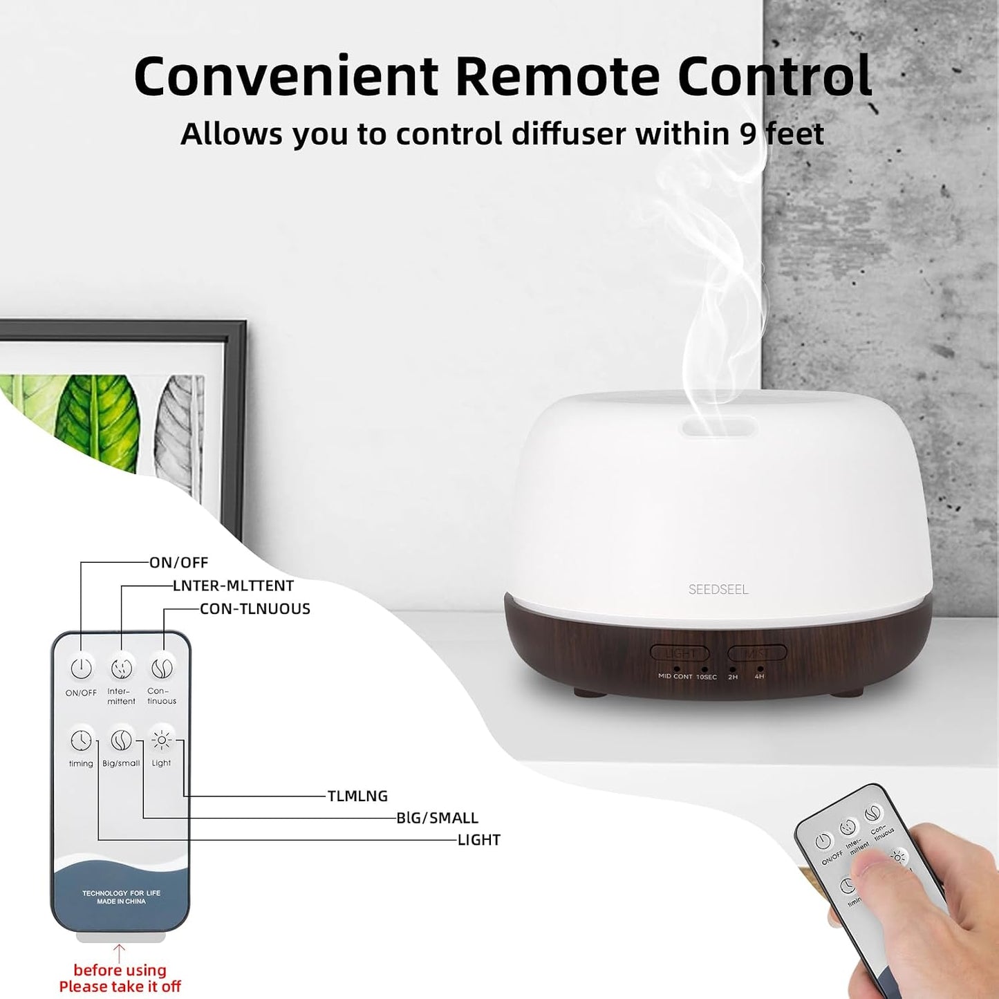 SEEDSEEL 300ML Essential Oil Diffuser with 7-Color LED Lights and Remote Control, Modern Minimalist Design, High-Efficiency Ultrasonic Mist Aromatherapy Diffuser for Home