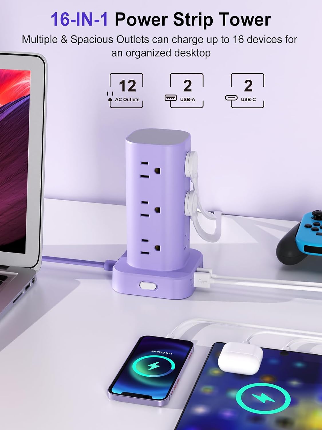 6FT Power Strip Tower Surge Protector, 12 Wide Spaced Outlets, 4 USB