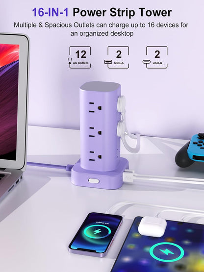 6FT Power Strip Tower Surge Protector, 12 Wide Spaced Outlets, 4 USB