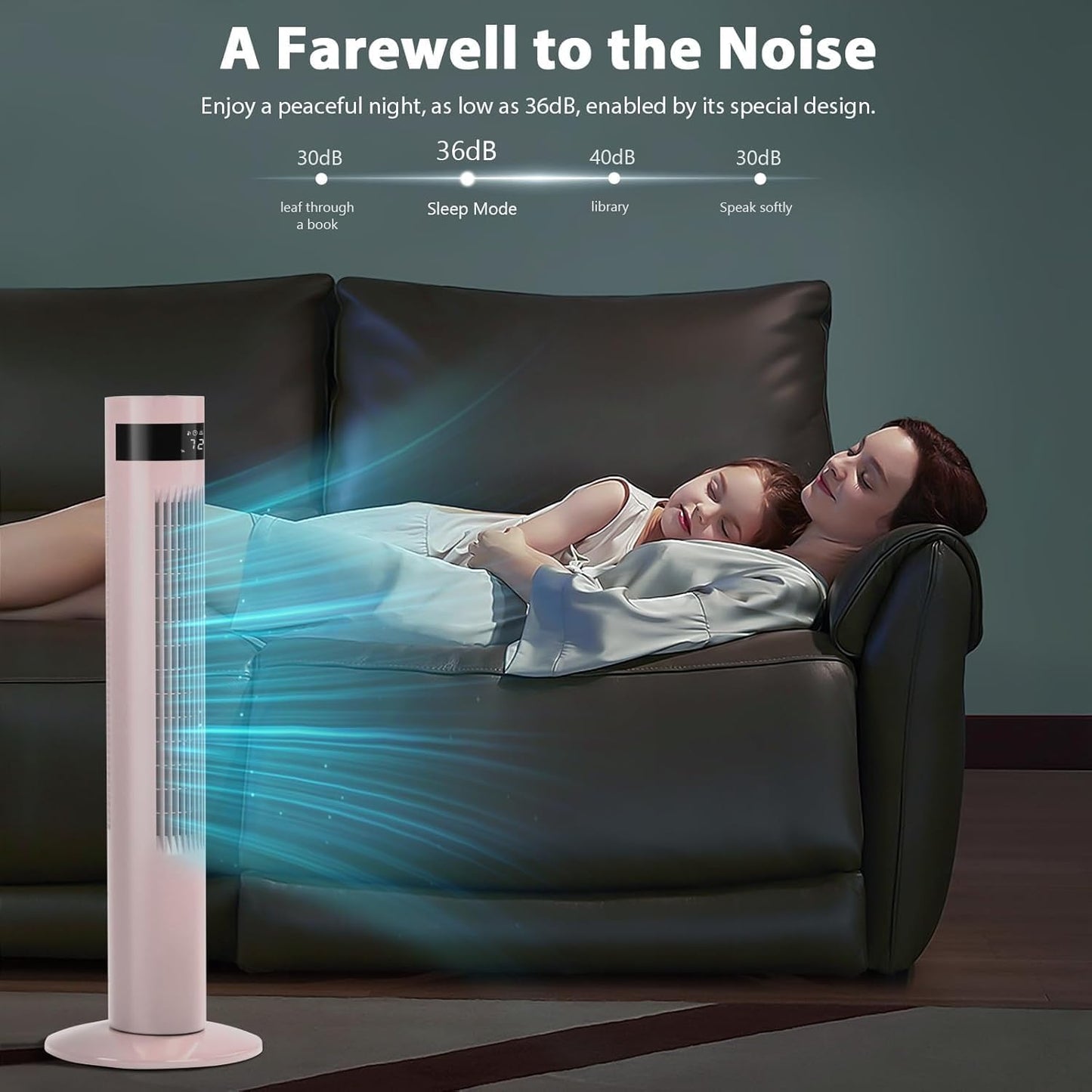 Antarctic Star Tower Fan 85°Oscillating Fan Quiet Cooling 12H Timer Remote Control Bladeless Electric 3 Speeds Wind 3 Modes, 42INCH, PINK