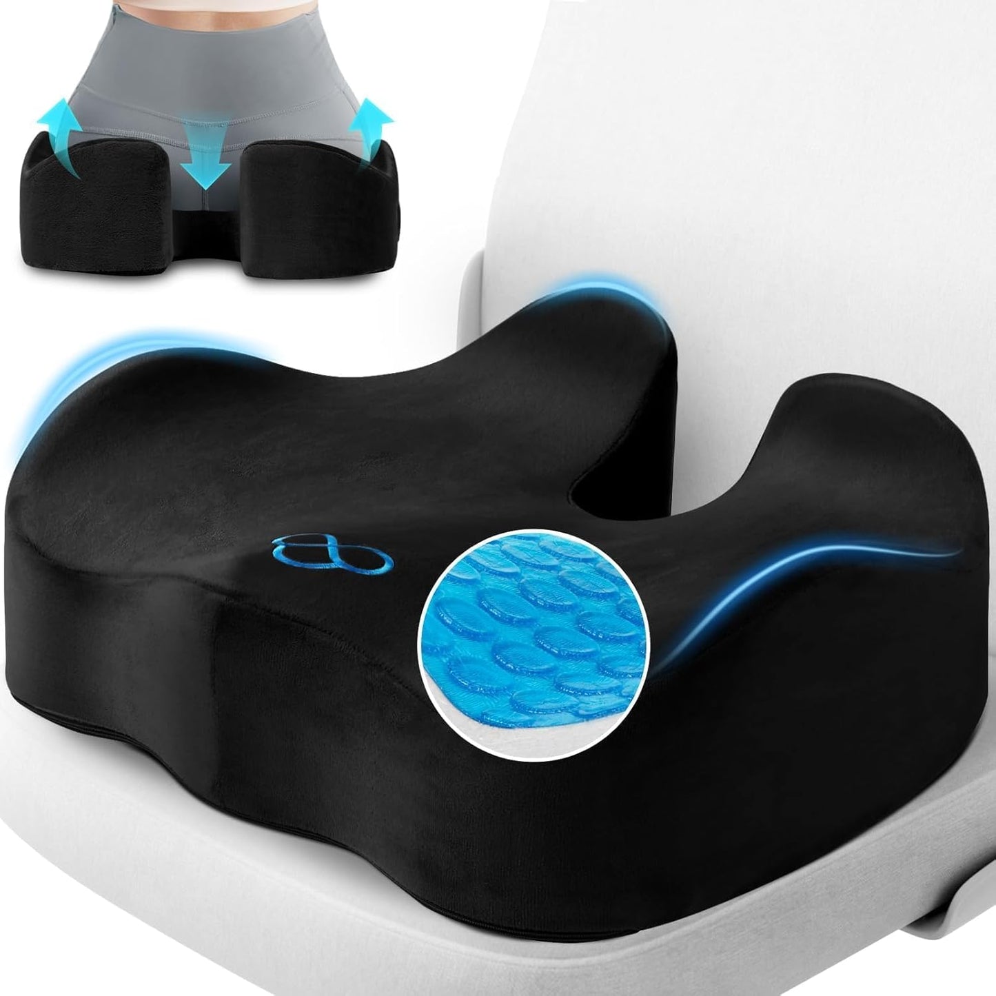 CushyOasis Seat Cushion, Gel Chair Cushions, Office Chair Cushions, Anti-Slip Bottom & Removable Cover Tailbone Pain Relief Cushion, Memory Foam Seat Cushion for Office, Wheelchair, Car (Black)