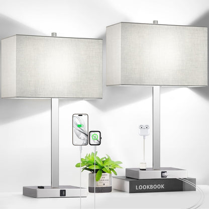 21" Touch Bedside lamps with 2 USB & AC Outlets, 3-Way Dimmable Bedside Table Lamps Set of 2 for Bedroom Living Room Office Reading, Gray Shade Lamps for Night Stands, 5000K LED Bulbs Included