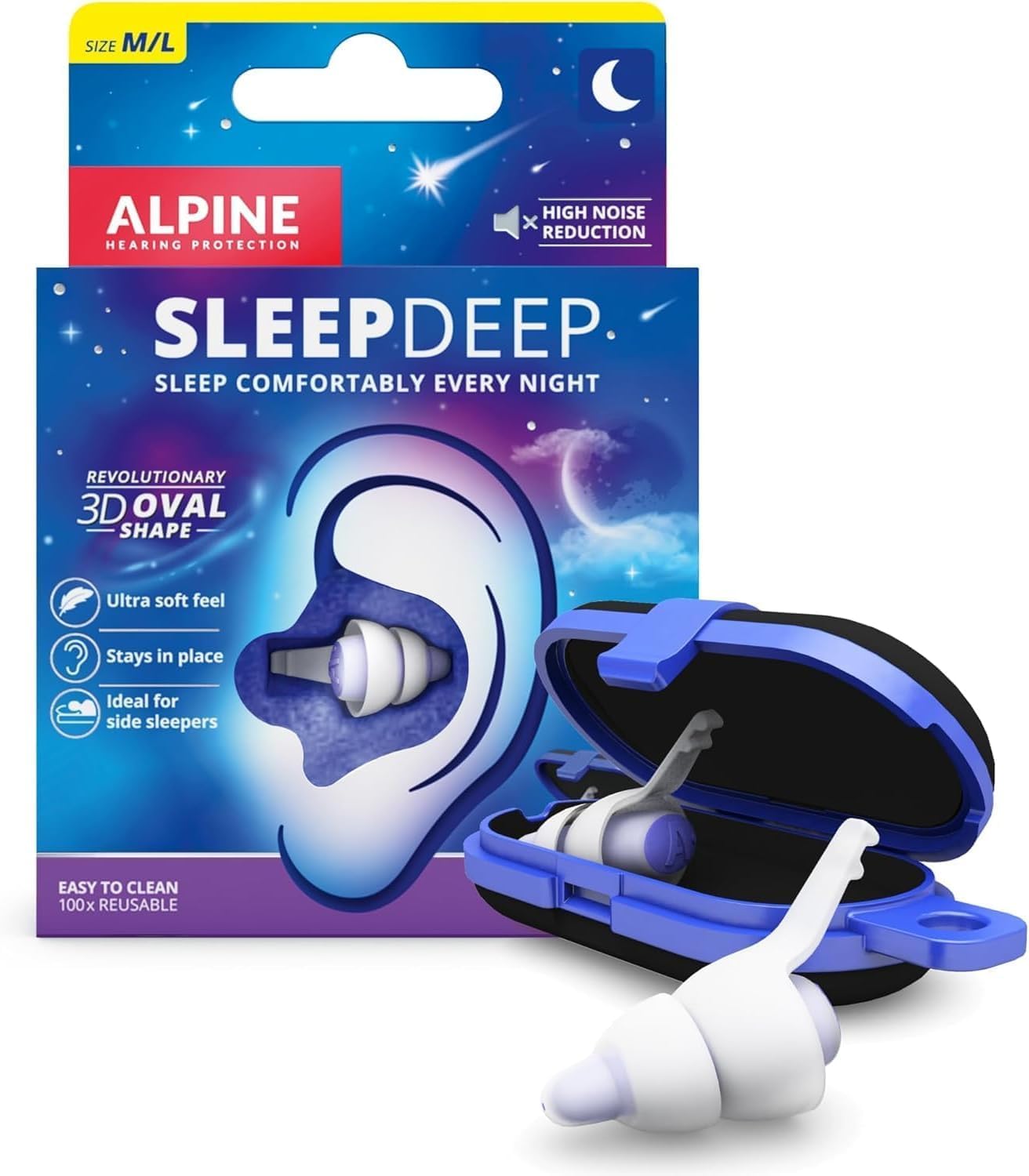 Alpine SleepDeep Earplugs for Sleeping – Side Sleepers & Snoring – Ultra-Soft Noise Reducing Earplugs – 27dB SNR – Hypoallergenic, Silicone-Free – 2 Pairs (S + L)