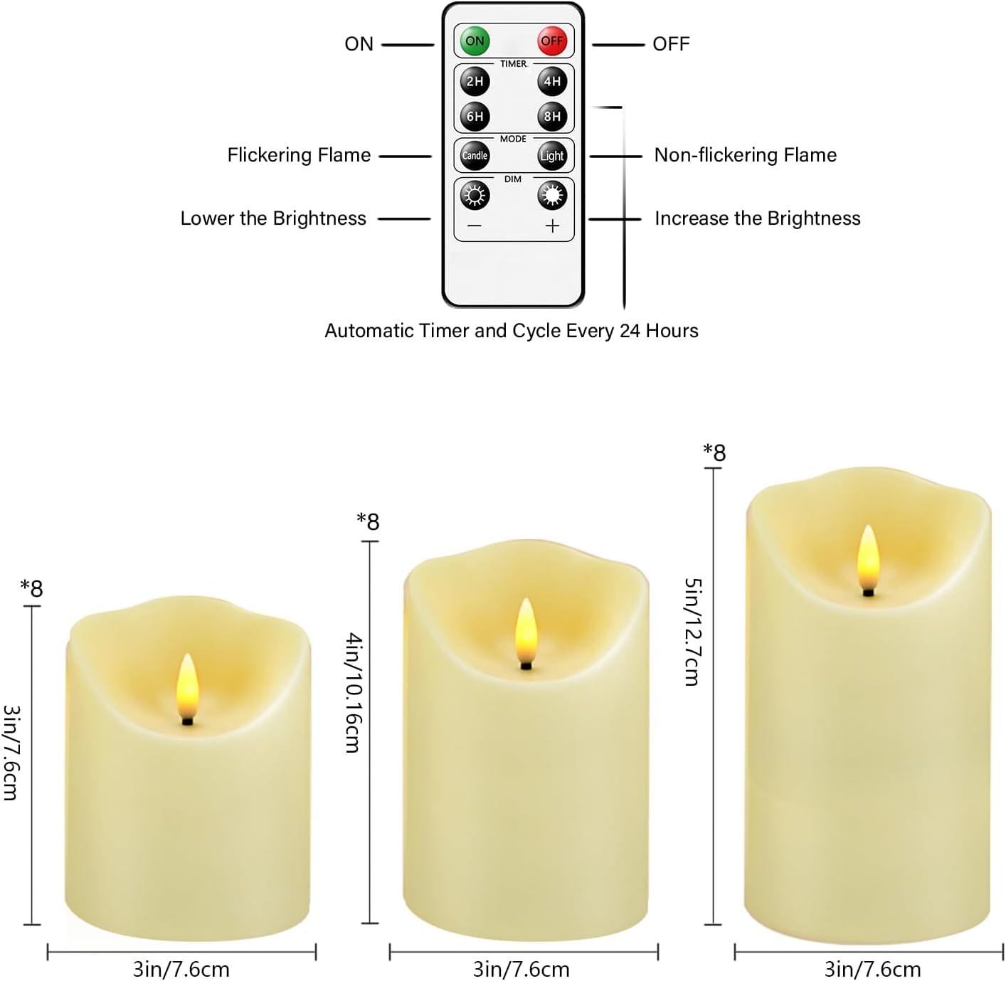 Nimiko Flameless Candles with Remote, Battery Operated Flickering Flameless Candles, LED Candles with Timer 2/4/6/8H, with Realistic LED Candles Set of 9 (D3 x H 3" 4" 5" 6" 7") (Ivory)
