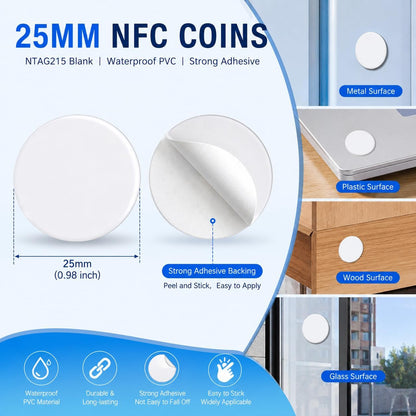 NTAG215 Blank NFC Coin Tags, 25mm Round Programmable 504 Bytes