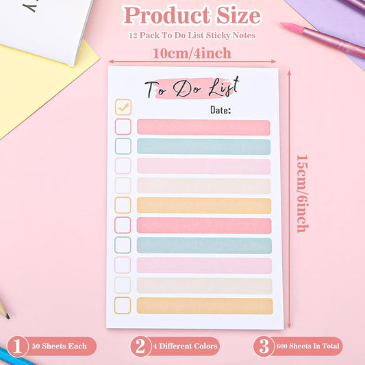 12 Packs to Do List Notepad, 600 Sheets Total – 4x6 Inch Colorful Sticky Notes for Office, Learning Places, Grocery & Daily Tasks – Fun & Practical Memo Pads for Coworkers, Friends, ADHD Organization
