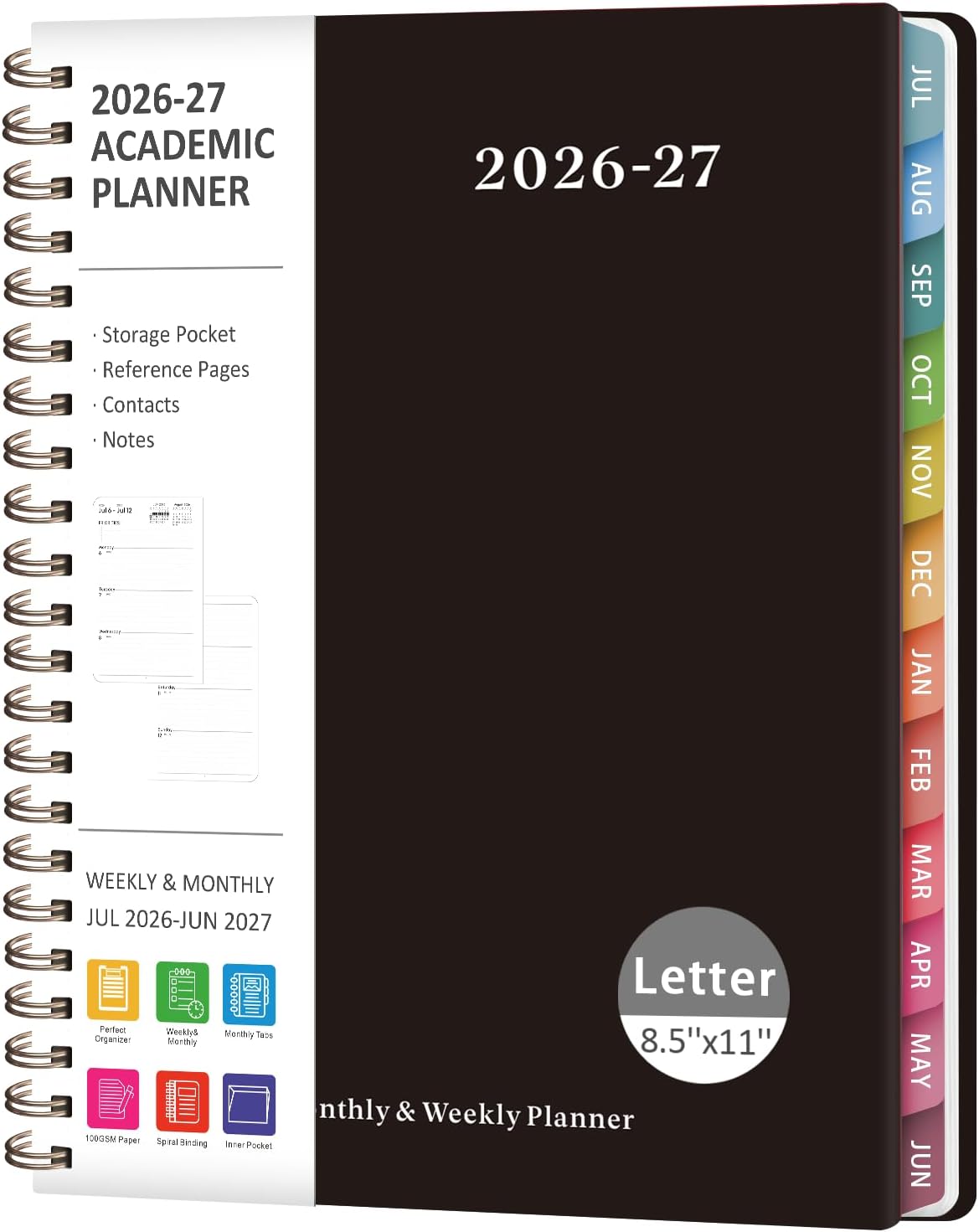 Planner 2026-2027, Weekly and Monthly Calendar Planner, JUL 2026 - JUN 2027 | Academic Year, Daily Agenda Book, A5(6.3'' x 8.5''), Sprial Bound, Inner Pocket, Office School Use