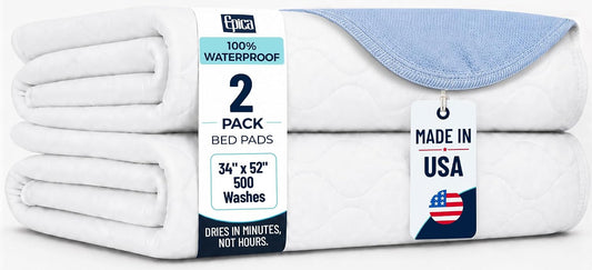 Epica Incontinence Bed Pads Washable Waterproof, 34"x52" (2 Pack), USA Made