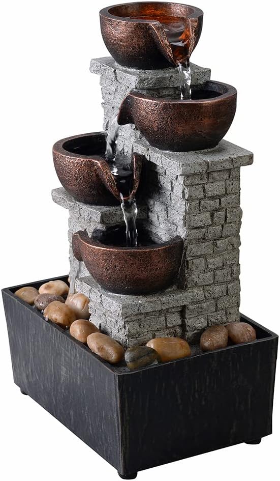 Kalona Indoor Tabletop Water Fountain – 3-Tier Resin Waterfall with LED Lights, Mini Bonsai Planter & Cascading Water Flow – Soothing Desk Fountain for Home, Office, Meditation Decor(22024)