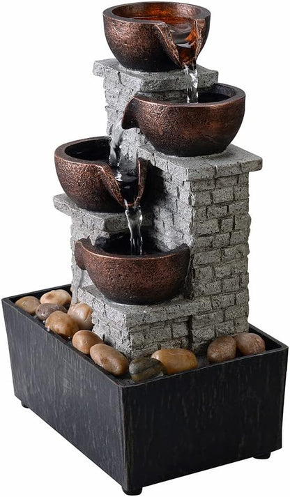 Kalona Indoor Tabletop Water Fountain – 3-Tier Resin Waterfall with LED Lights, Mini Bonsai Planter & Cascading Water Flow – Soothing Desk Fountain for Home, Office, Meditation Decor(22024)