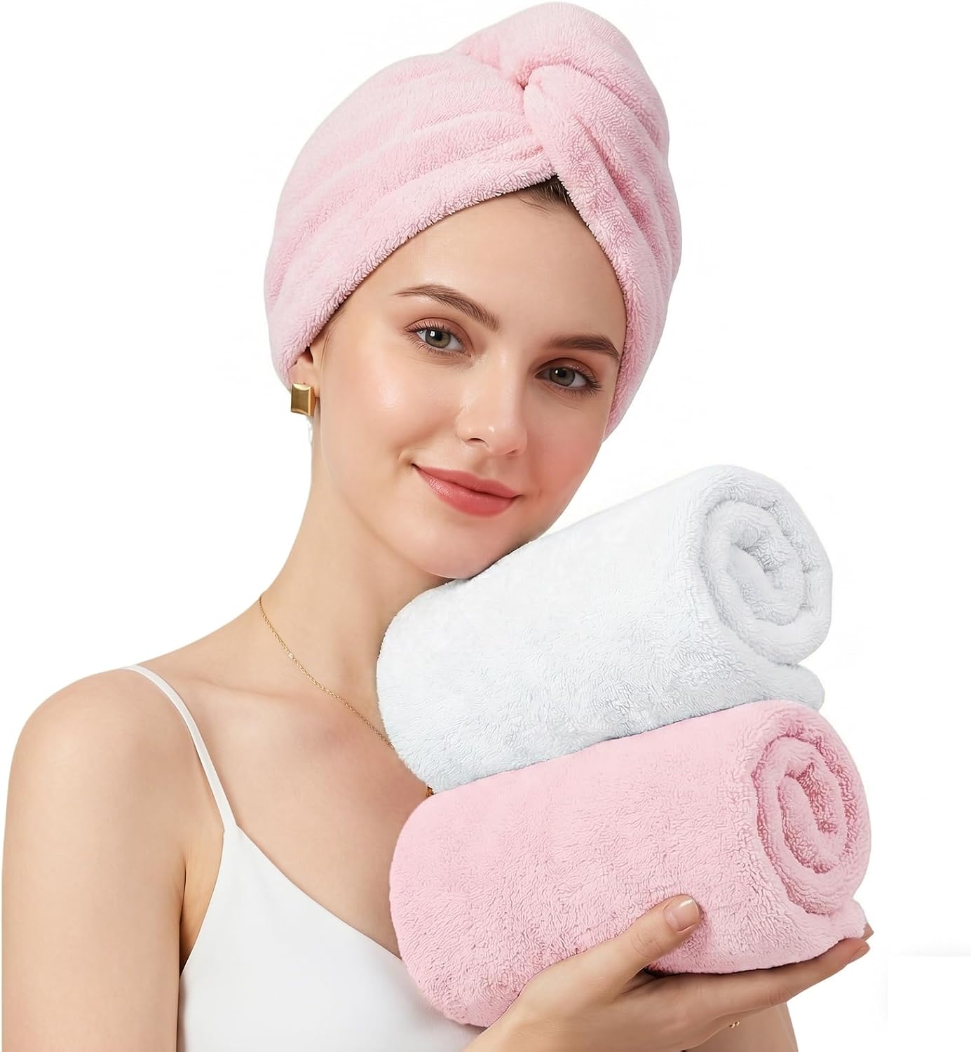 Mandydov 100% Cotton Hair Towel Wrap for Women, 2 Pack Thickened & Super Absorbent Turbans, Anti Frizz Quick Dry Hair Towels (Blue, Pink Blush)