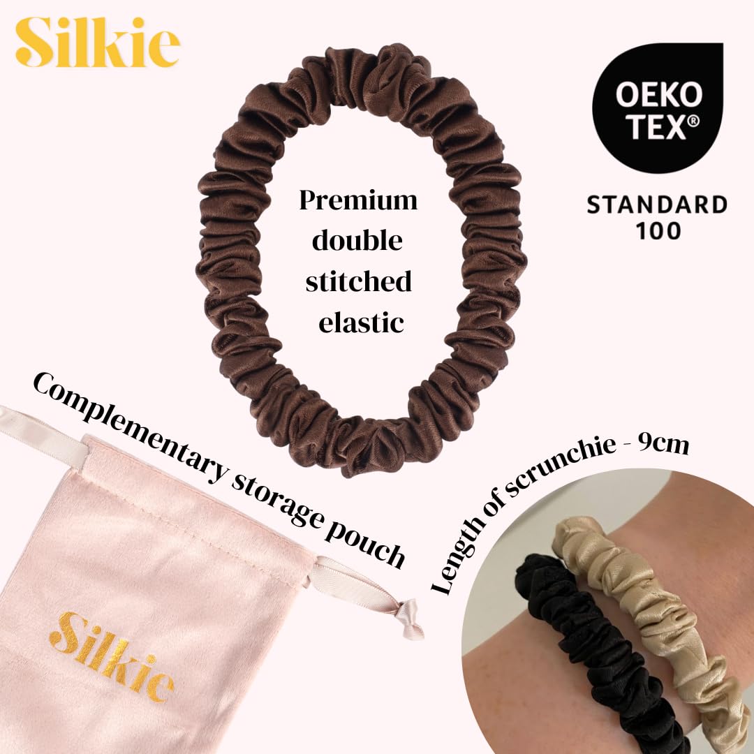 SILKIE x4 Set - Forget Satin - 100% Pure Mulberry Silk Black Brown Skinny Scrunchies Travel Pouch Everyday Hair Ties Elastics Hair Care Ponytail Holder No Damage (Chocolate)