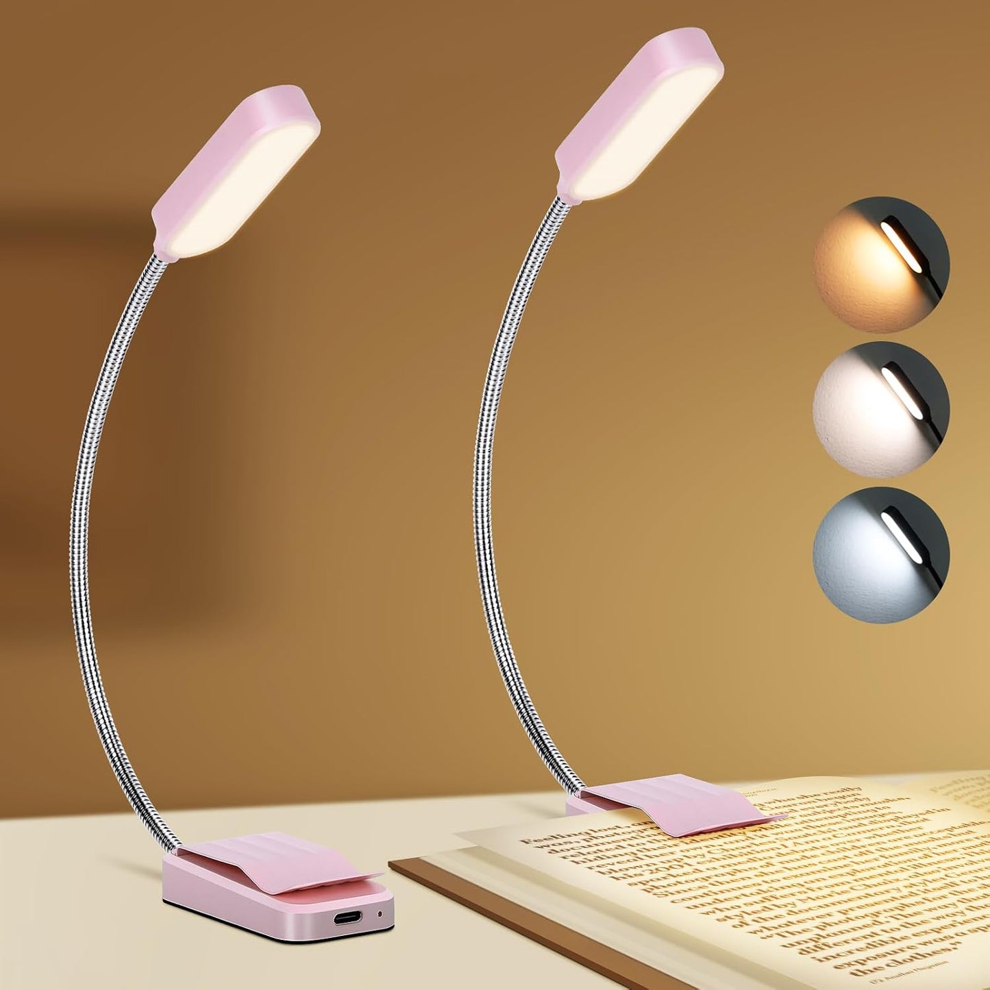 2 Pack Rechargeable Book Lights for Reading at Night, Eye-Caring Clip-On Reading Lights with 3 Color Temperatures & 3 Brightness Levels, Long Runtime Small Lightweight Clip on Lamp, Gifts for Reader
