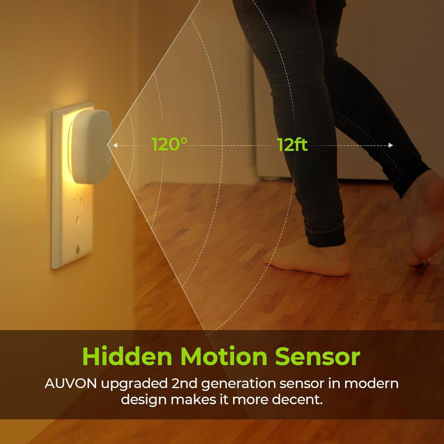 AUVON 4 X Plug-in LED Backlit Night Light with Motion & Dusk to Dawn Sensor | 2200K Soft Warm White Nightlight with 1-50lm Dimmable Brightness for Adults & Kids' Bedroom, Bathroom, Hallway