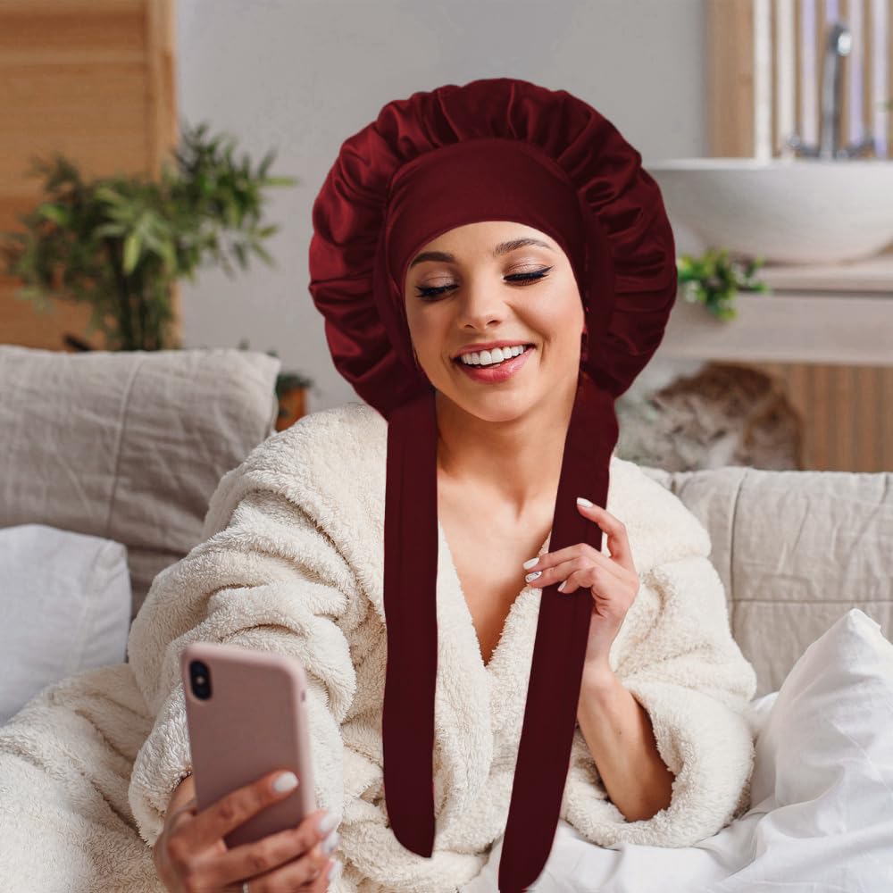 VECIIR Silk Bonnet for Sleeping Women, Ajustable Hair Bonnet for Curly Hairs Satin Bonnet Reduce Friction Prevent Frizz Black，Large