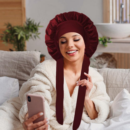 VECIIR Silk Bonnet for Sleeping Women, Ajustable Hair Bonnet for Curly Hairs Satin Bonnet Reduce Friction Prevent Frizz Black，Large