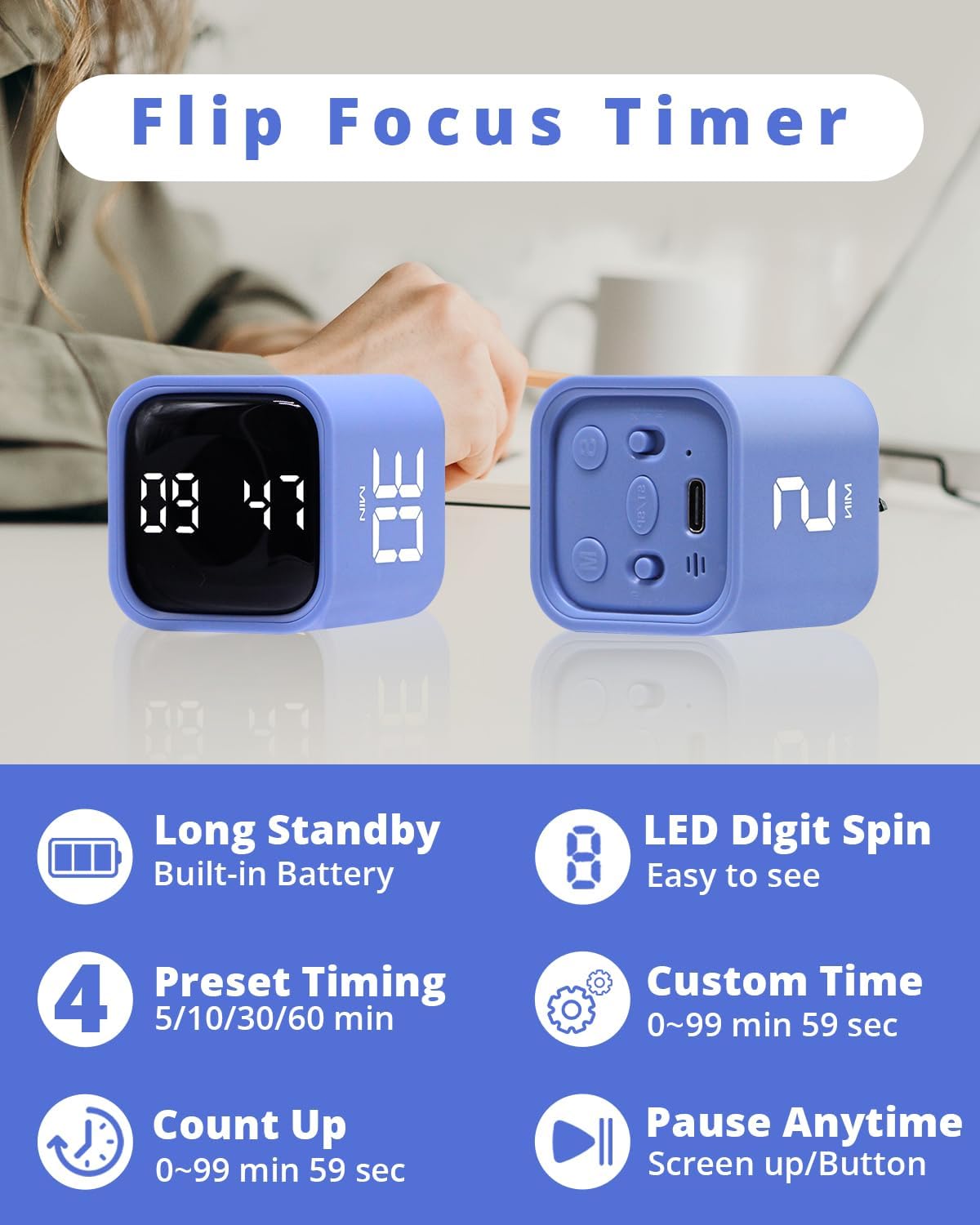 Productivity Timer Flip Gravity Sensor Cube Timer Countdown & Countup,Mute & Vibrate & Sound，5/10/30/60min & Custom Timing, Perfect for ADHD,Work,Learning,Kitchen Cooking (1White)