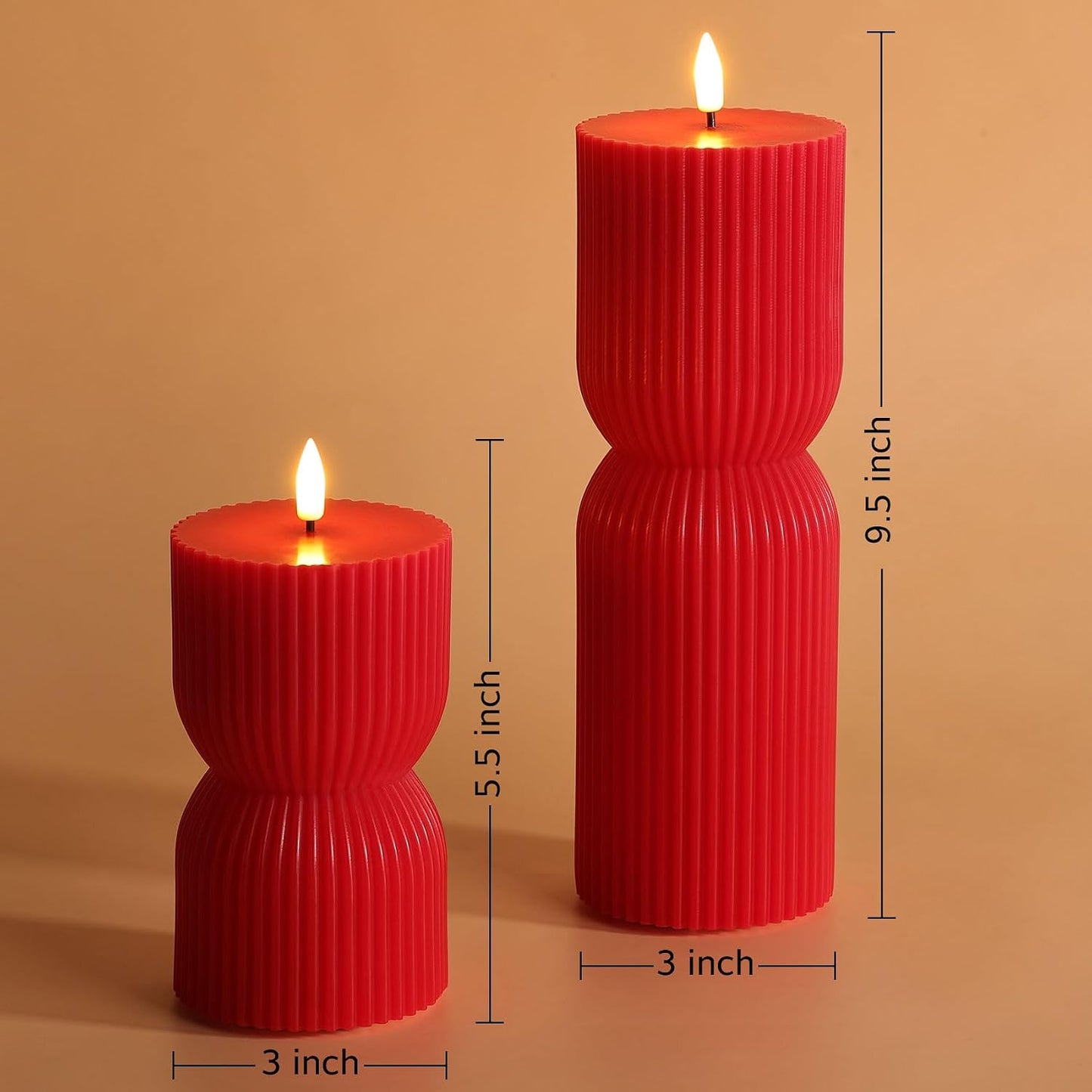 White Ribbed Flameless Pillar Candles with Remote, Real Wax Flickering Battery LED Candles Set of 2