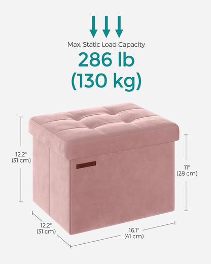 SONGMICS Small Folding Storage Ottoman, Foot Rest Stool, Cube Footrest, Synthetic Leather, 12.2 x 16.1 x 12.2 Inches, 286 lb Capacity, for Living Room, Bedroom, Dorm, Ink Black ULSF100B01