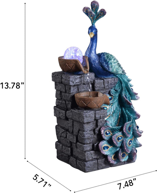 MAOCHI Tabletop Water Fountain Decor, Peacock with LED Glass Color Changing Globe,Relaxation Decorative Desktop Water Zen Fountain for Home/Office,Living Room Décor.13.78" Tall