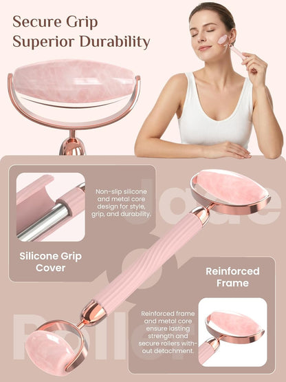 Rena Chris Gua Sha and Face Roller Set: Anti-Breakage Jade Roller for Long-Lasting Use, Jawline Sculpting and Puffiness Reducing, Gua Sha Facial Tools for Self Care Gift (Green)