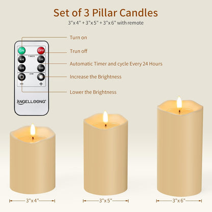 ANGELLOONG Flickering Flameless Candles, Realistic Battery Operated Candles with Remote and Timer, Set of 3 LED Candles for Fall Room Home Wedding Decor Centerpieces Table Party Christmas Decorations
