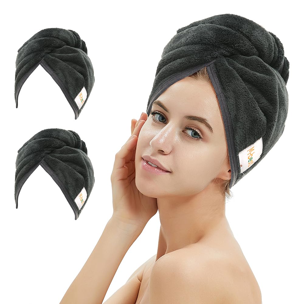 M-bestl 2 Pack Microfiber Hair Towel Wrap,Hair Drying Towel with Button,Quick Dry Hair Towel Turban for Women,Absorbent Anti-frizz Head Towel for Long Thick Curly Hair(Pink&Beige)