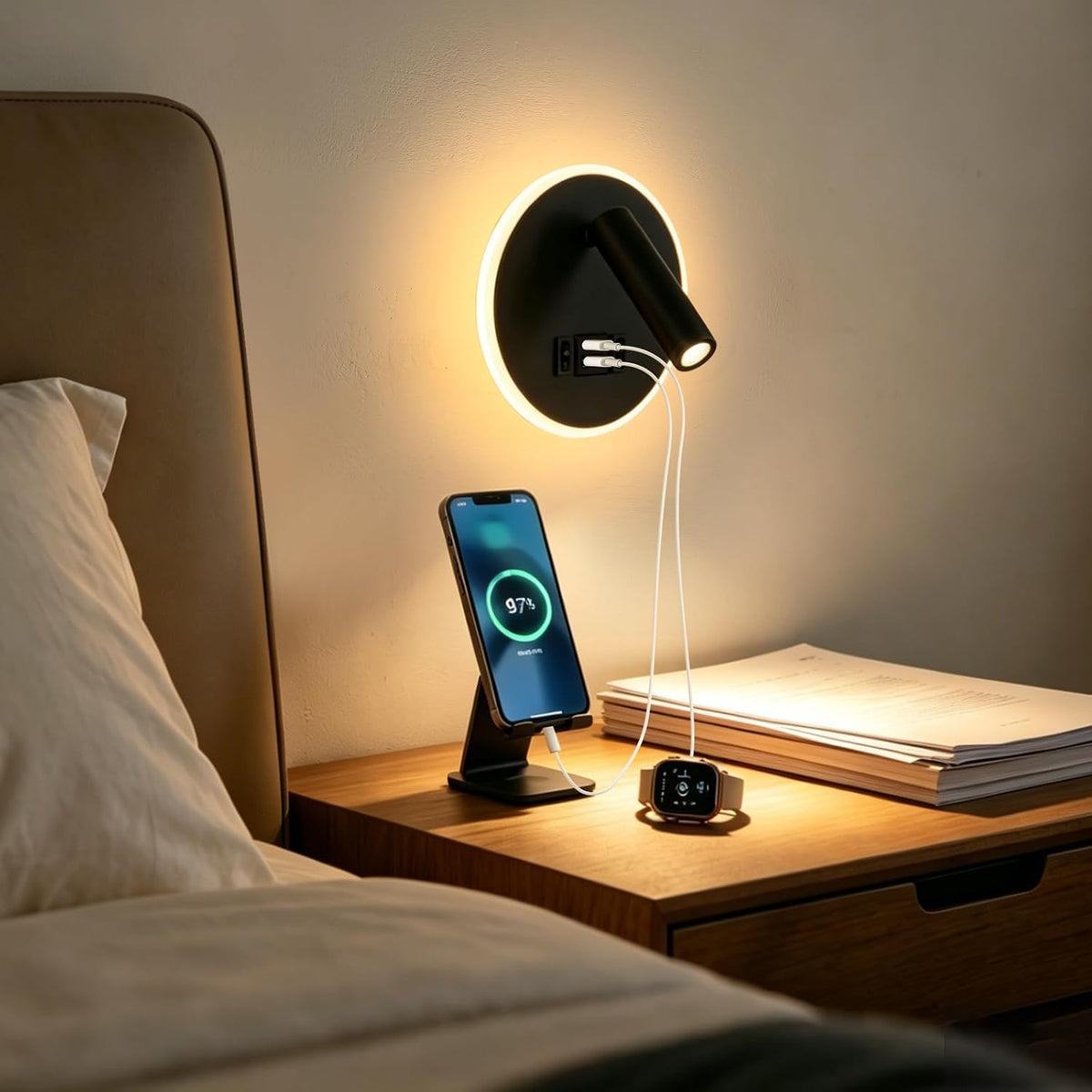 Plug in Wall Lamps for Bedroom Living Room, Wall Mounted Reading Lights with USB C+A Charging Ports, Headboard Lamp 360°Rotation, Wall Mount Lamp with 3 Color Temperature 3W+9W Night Light