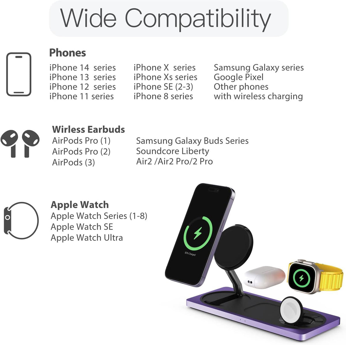 PETINO 3 in 1 Wireless Charging Station for Apple Devices with MagSafe