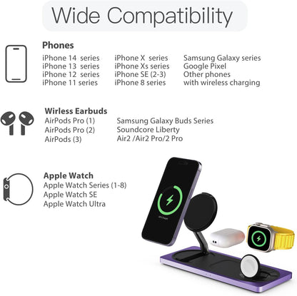 PETINO 3 in 1 Wireless Charging Station for Apple Devices with MagSafe