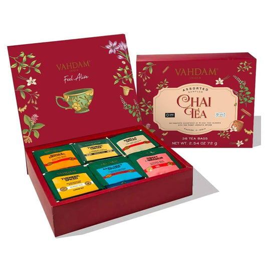 VAHDAM, Assorted Chai Tea Variety Pack (6 Delicious Flavors, 36 Eco Friendly Pyramid Tea Bags) Caffeinated, Gluten Free, Non GMO | Indian Masala Chai Tea Blends | Tea Gift Set for Men and Women