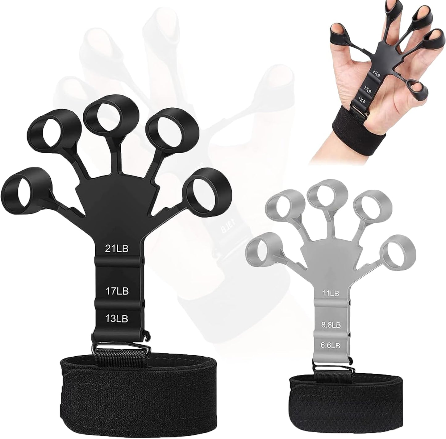 Kairsya Finger Stretcher & Hand Strengthener - 2Pcs Adjustable Finger Resistance Bands for Guitarists, Climbers, Typists, Gamers, Forearm & Hand Strength Training Wrist Exerciser (Black+Grey)