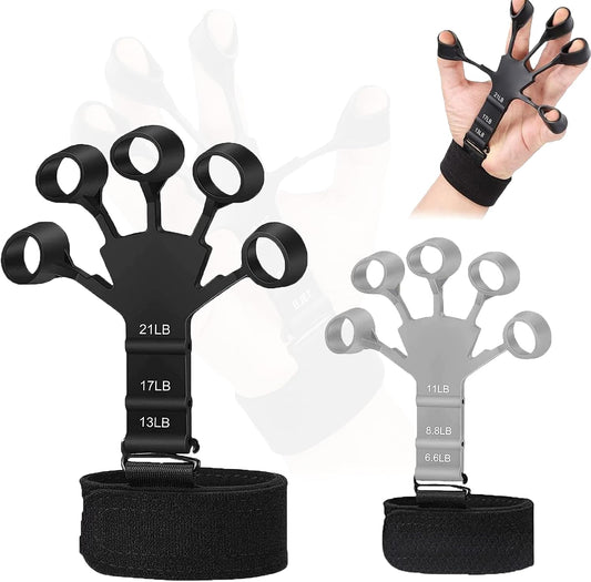 Kairsya Finger Stretcher & Hand Strengthener - 2Pcs Adjustable Finger Resistance Bands for Guitarists, Climbers, Typists, Gamers, Forearm & Hand Strength Training Wrist Exerciser (Black+Grey)