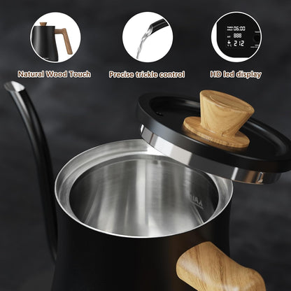 Gooseneck Electric Kettle, Electric tea Kettles, ±1℉ Temperature Control for Pour-Over Coffee & Tea Brewing, Stainless Steel Inner, Quick Heating, Boil Hot Water, 1200W/0.8L (Black Wooden)