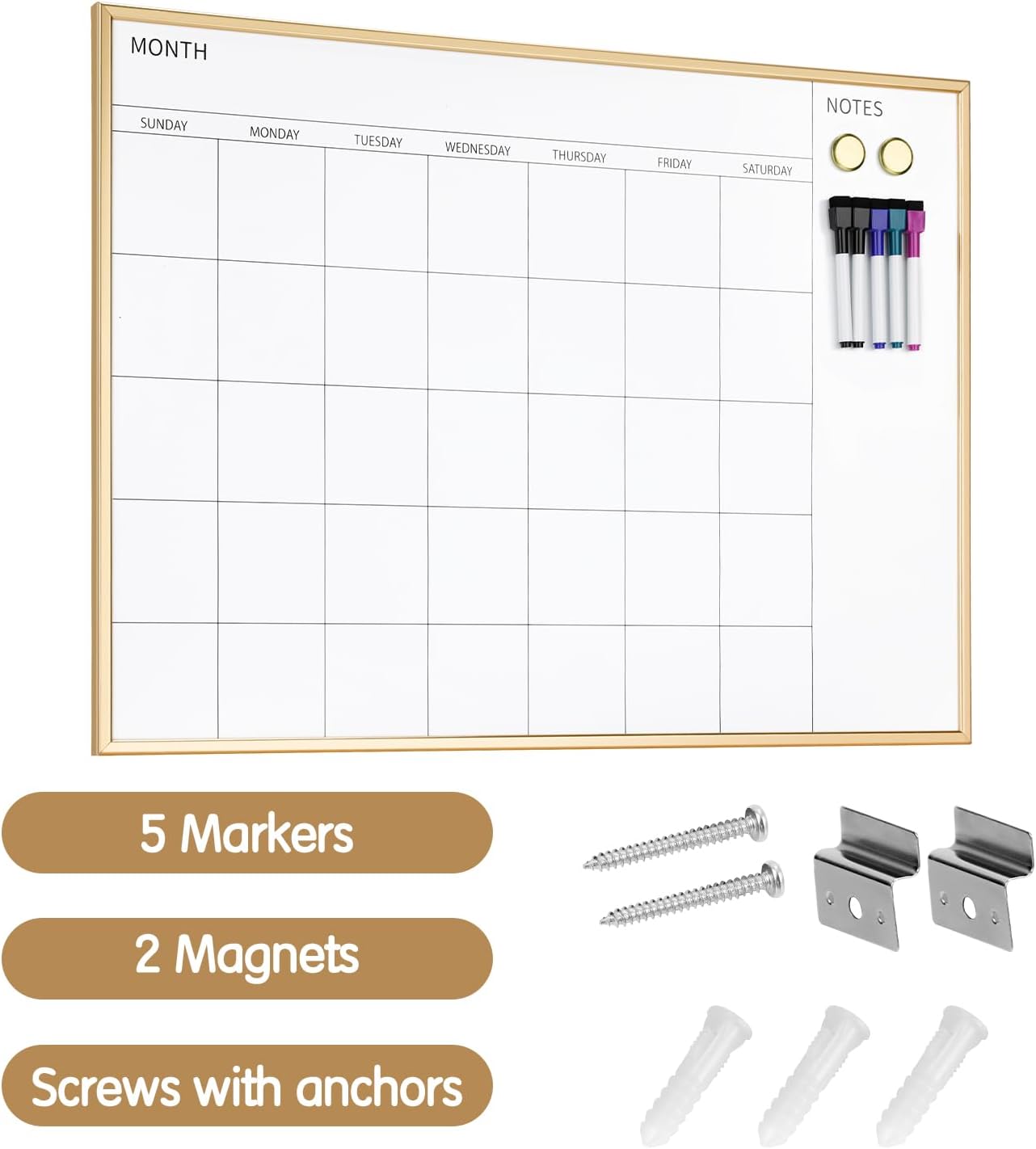 Magnetic Monthly Calendar Whiteboard, 17'' x 13'' Dry Erase Calendar for Wall Office School Home, Gold Wooden Frame
